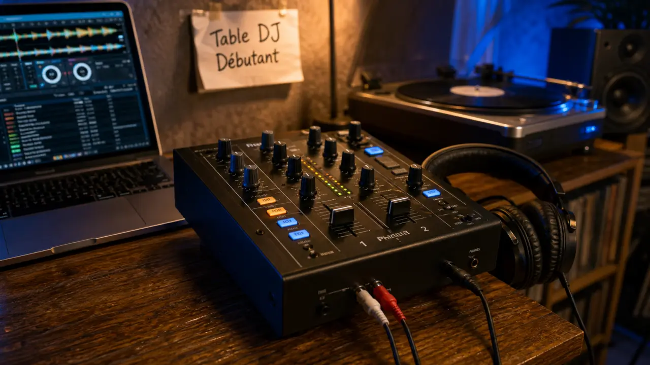 Table de mixage dj débutant 2 voies USB, câbles RCA branchés