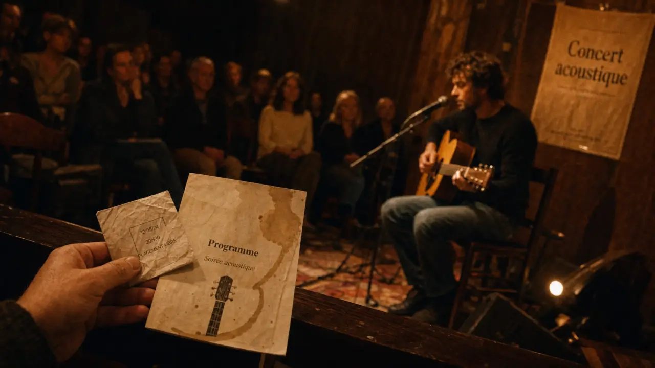 Concert acoustique en salle, public et guitare acoustique