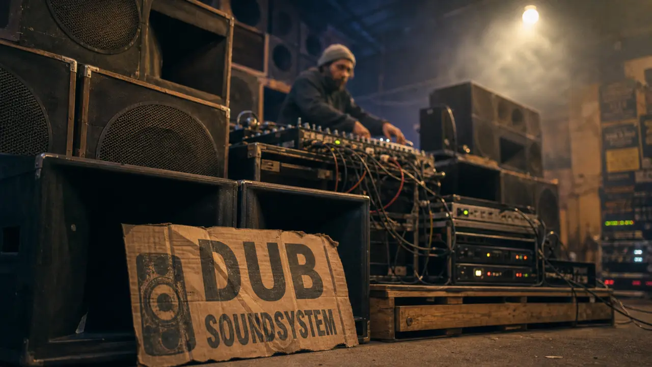 Dub soundsystem : mur d’enceintes et caissons de basse en free party