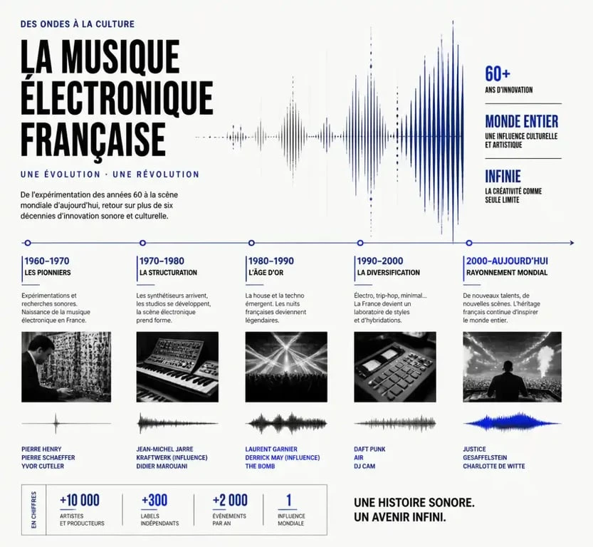 Illustration conceptuelle de l'évolution de la musique électronique française et de son héritage sonore