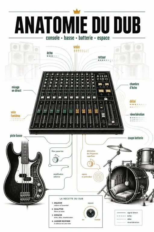 Musique dub : console de mixage, basse, batterie et effets d'écho dans un visuel éditorial