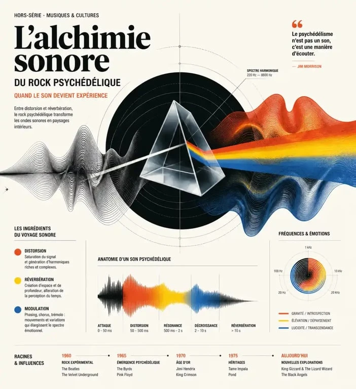 Illustration conceptuelle de l'alchimie sonore et des effets de studio dans le rock psychédélique