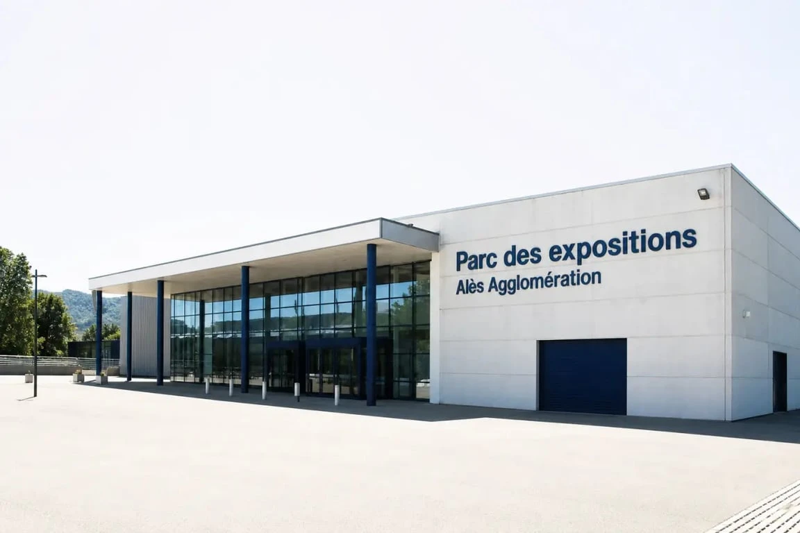 Parc des expositions d'Alès Agglomération, vue extérieure du bâtiment événementiel à Alès