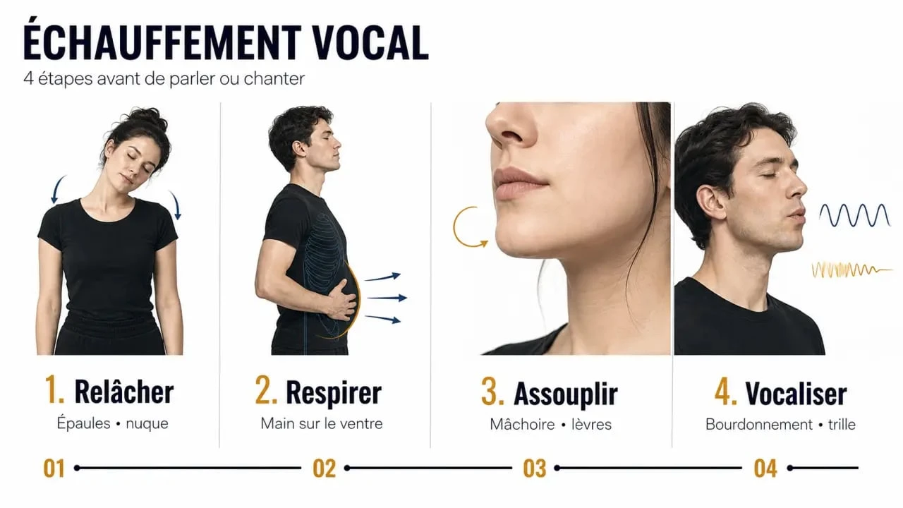 Échauffement vocal en quatre étapes avec posture, respiration, articulation et exercices de voix