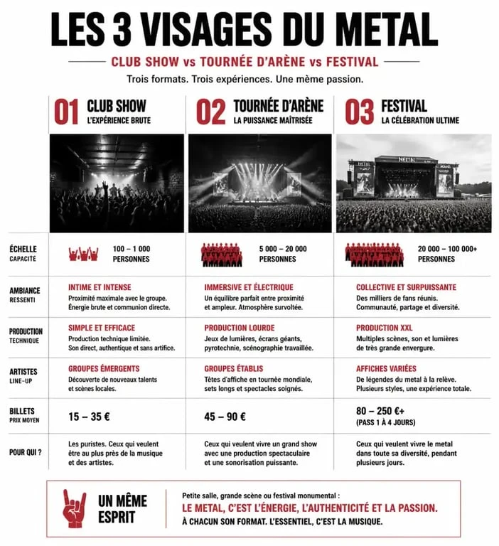 Infographie comparative des types de concerts metal : club, salle et festival pour votre agenda concerts metal