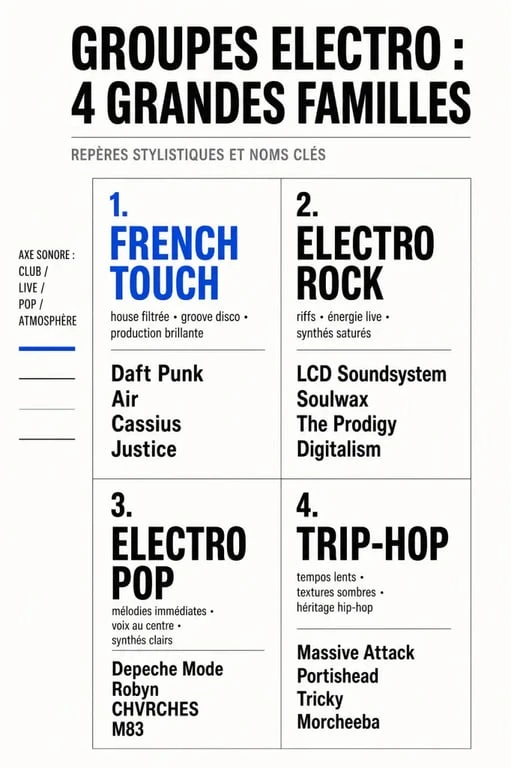 Infographie comparative sur le groupe electro, les styles principaux et des repères comme Daft Punk, Justice, Air et Massive Attack