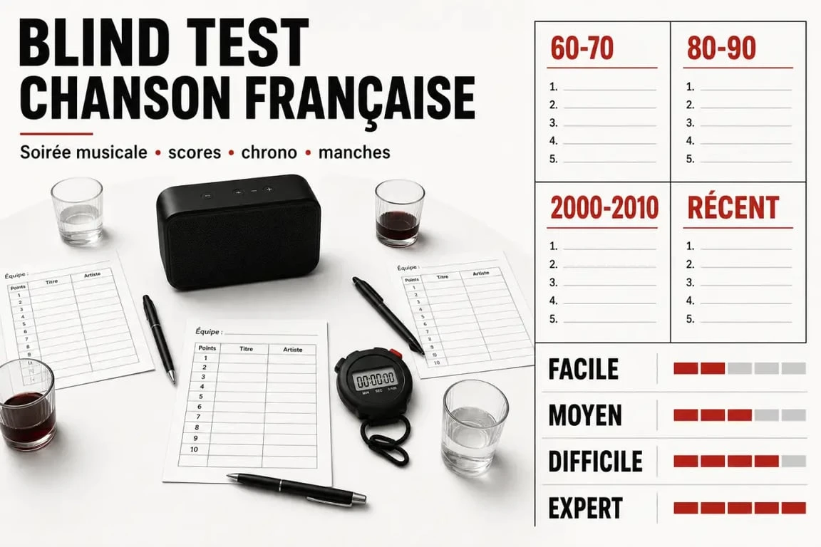 Blind test chanson française en soirée avec playlist par décennies et niveaux de difficulté