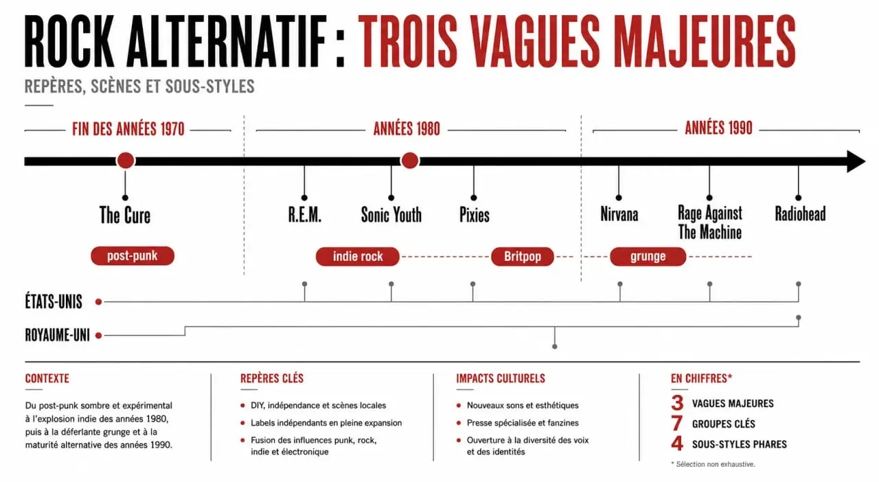 Visualisation éditoriale du groupe rock alternatif avec frise chronologique des groupes majeurs et de leurs scènes