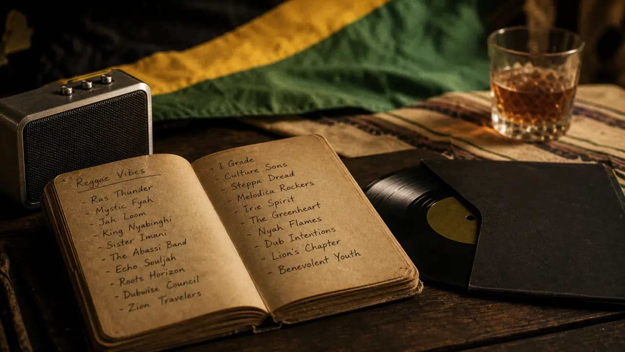 Groupe reggae : carnet et vinyle jamaïcains sur table