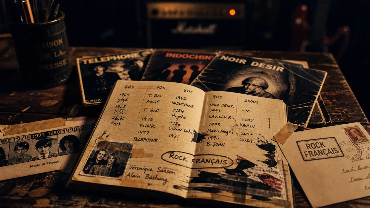Photo de groupe rock français : carnet et pochettes de disques