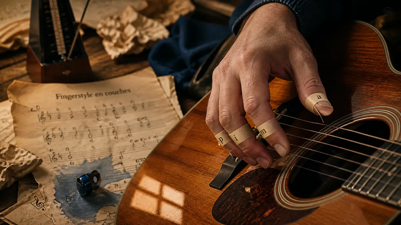 Guitare fingerstyle sans médiator, pouce indépendant sur cordes