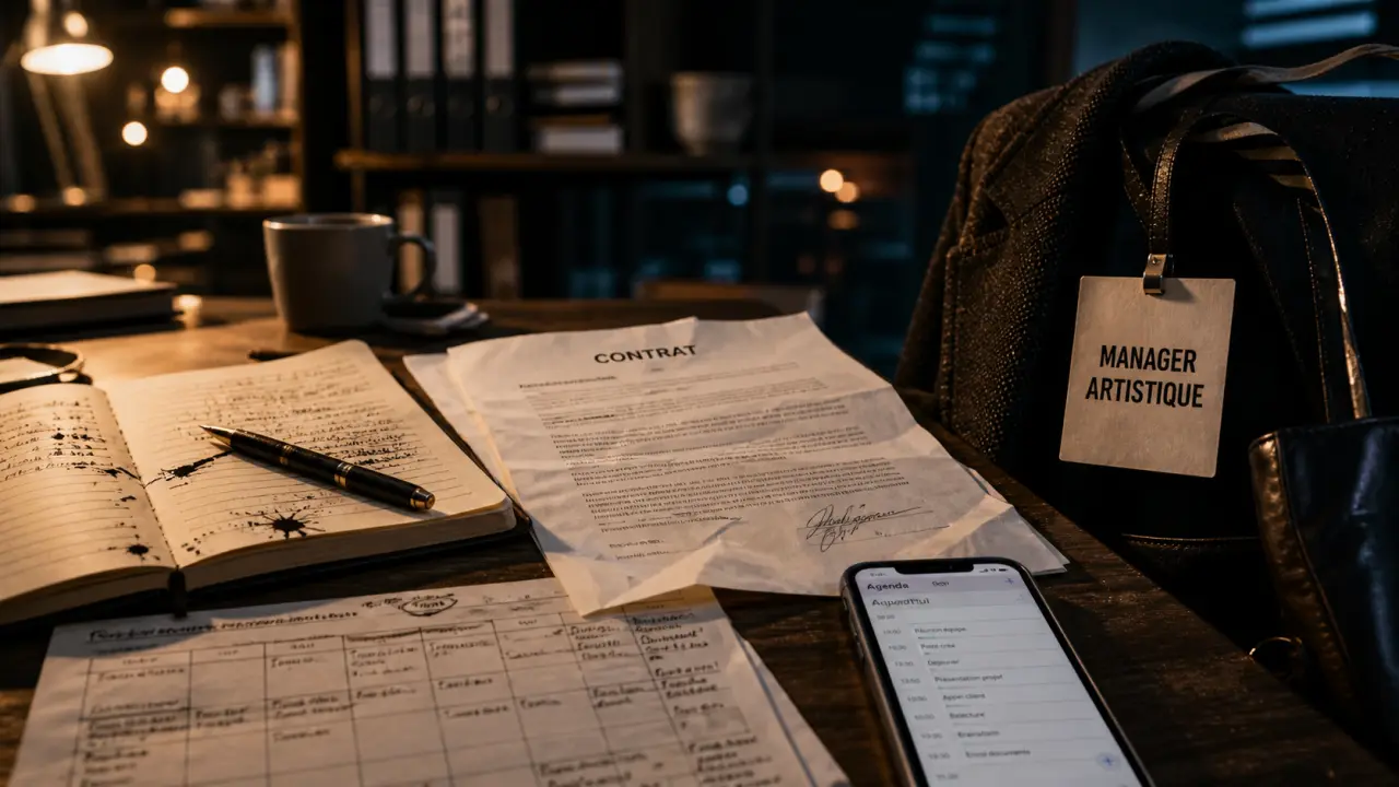 Manager artistique : contrat et planning sur bureau, smartphone agenda