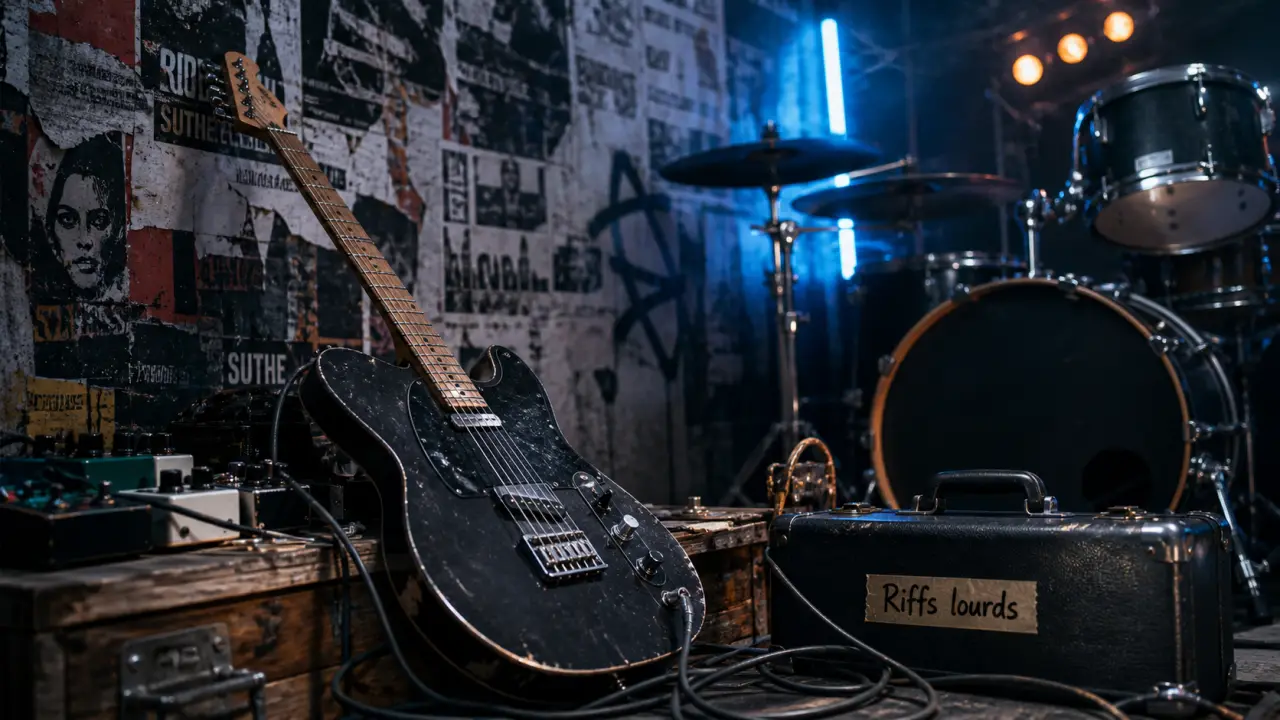 Metal musique : riffs lourds, guitare électrique noire