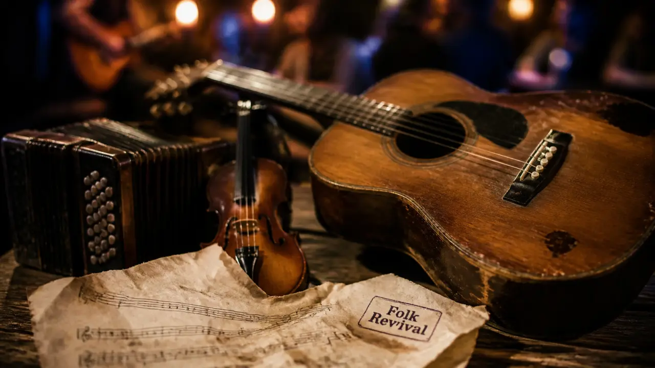 Musique folk Folk Revival : guitare acoustique et scène en pub