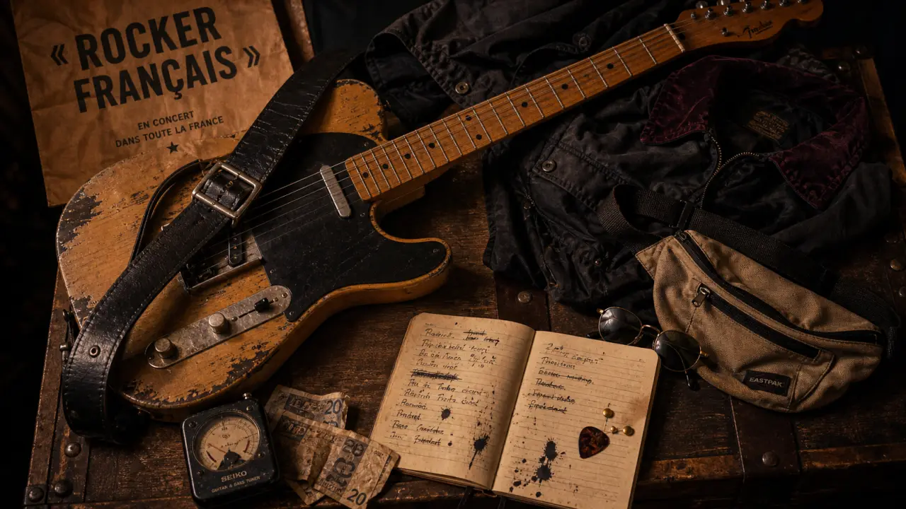 Photo rockers français : guitare électrique, blouson et affiche