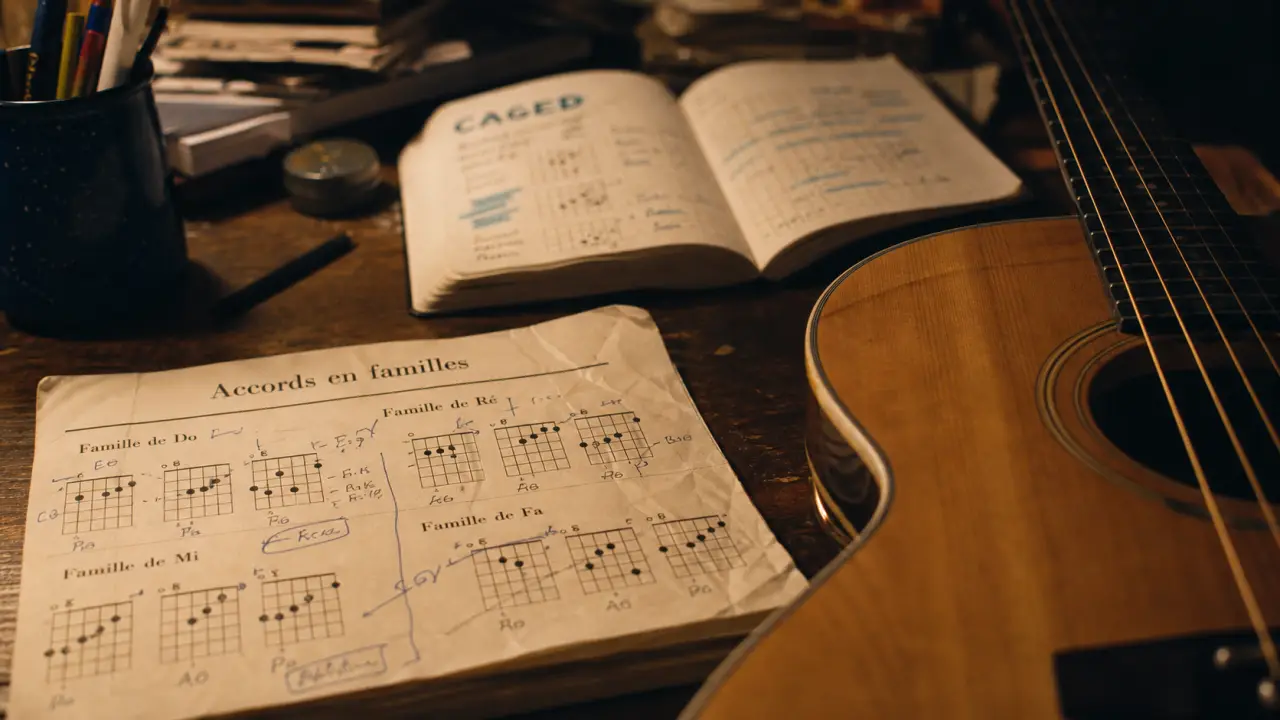 Tous les accords en guitare, charte familles et notation sur bureau musicien