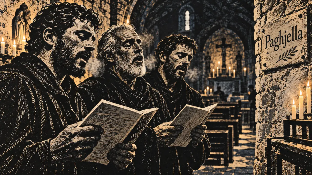 Chanteur corse en polyphonie paghjella, intérieur de chapelle
