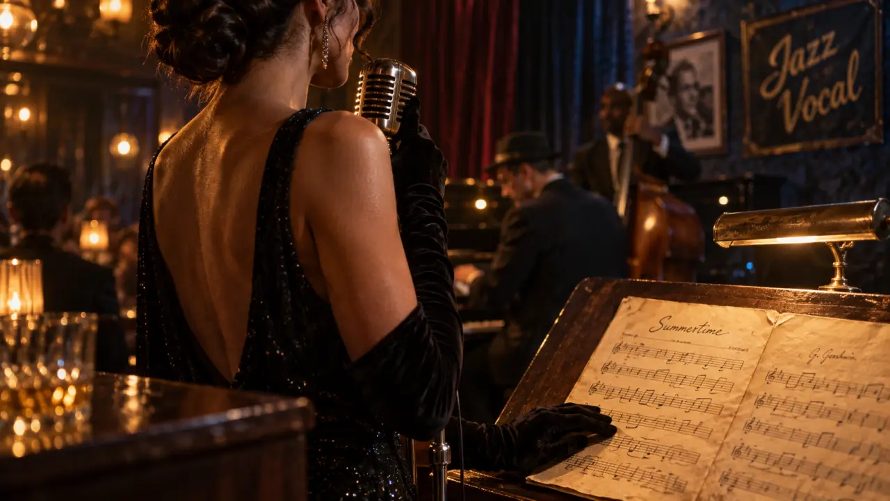 Chanteur jazz en club intimiste avec micro à ruban et partition