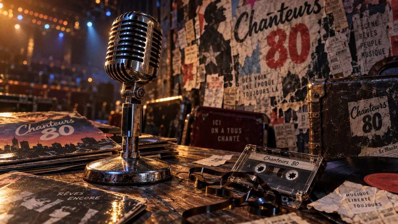 Chanteurs année 80 francais : micro, vinyles et cassettes de tubes
