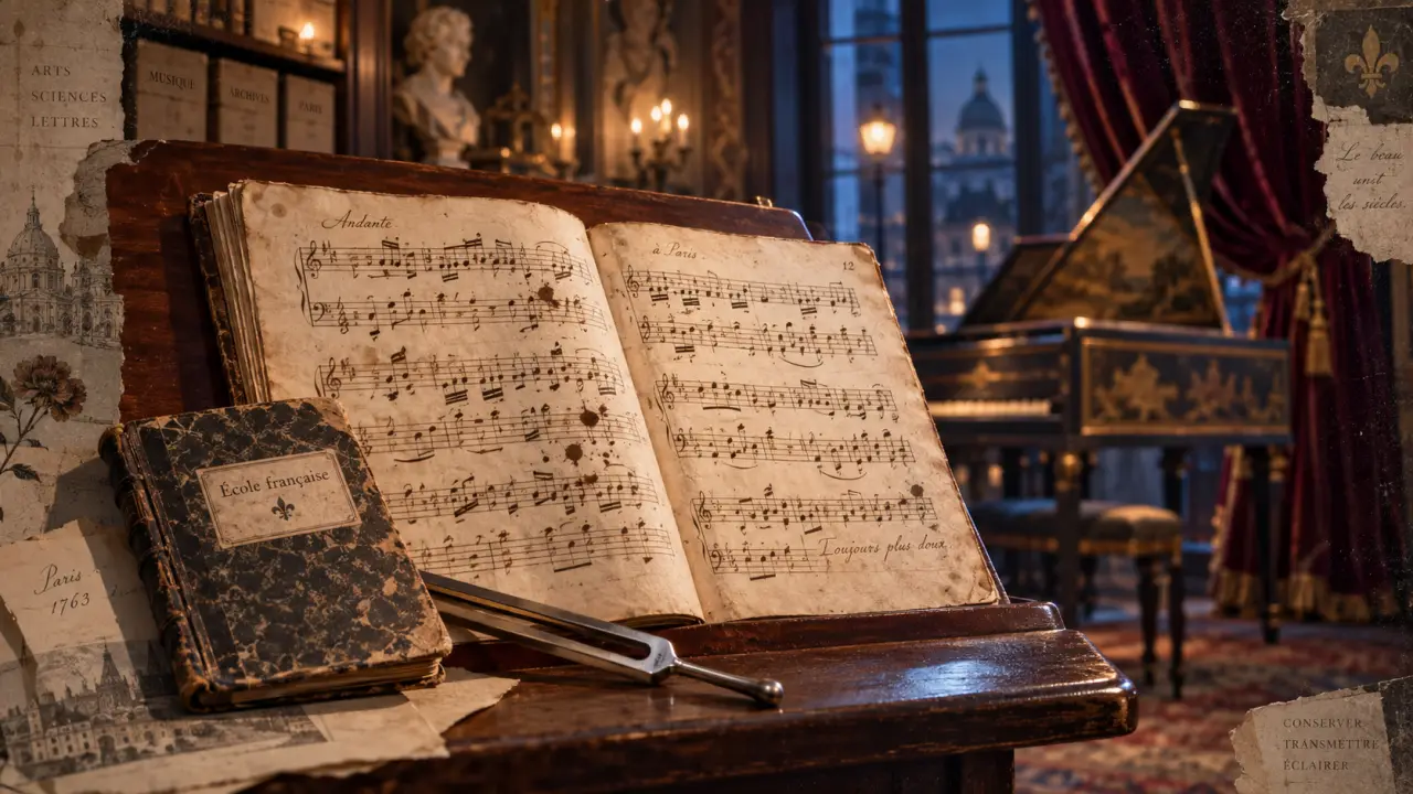 Compositeur classique francais : manuscrit de musique français, pupitre et archives