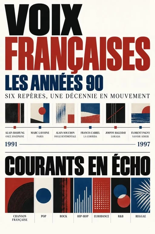Infographie des chanteurs français des années 90, de leurs chansons emblématiques et des styles musicaux de la décennie