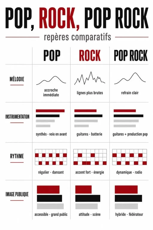 Pop rock : comparaison visuelle entre pop, rock et pop rock