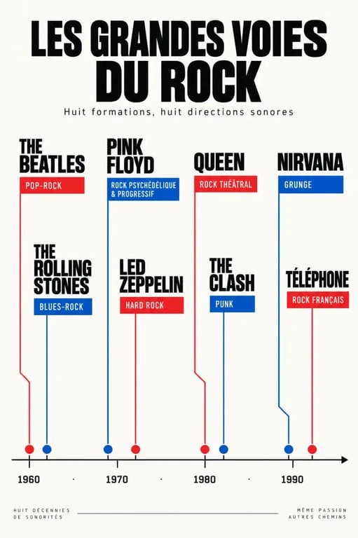 Infographie sur les principaux groupes de rock et leurs sous-genres
