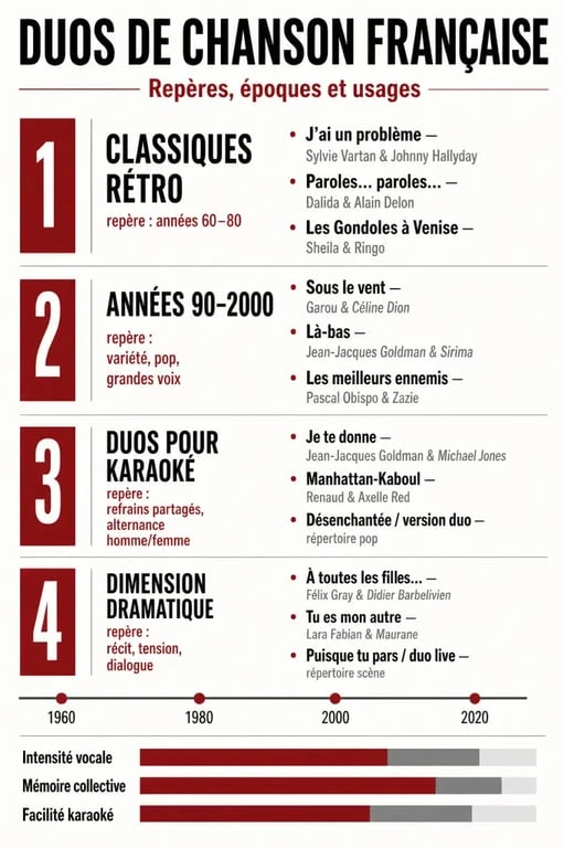Infographie des duos chanson française avec exemples par époque et par usage