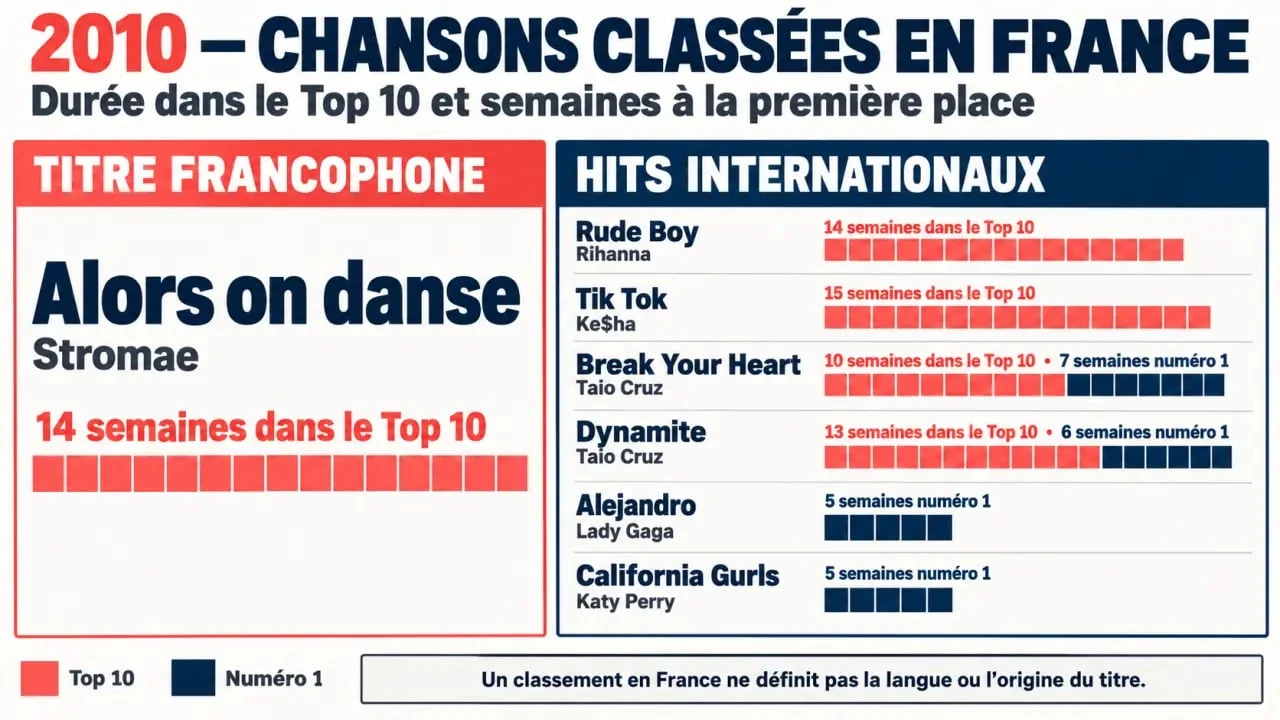 Infographie sur la chanson 2010 française et les semaines dans le Top 10 en France