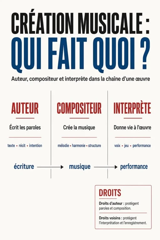Schéma des auteurs compositeurs interprètes montrant les différences entre auteur, compositeur et interprète