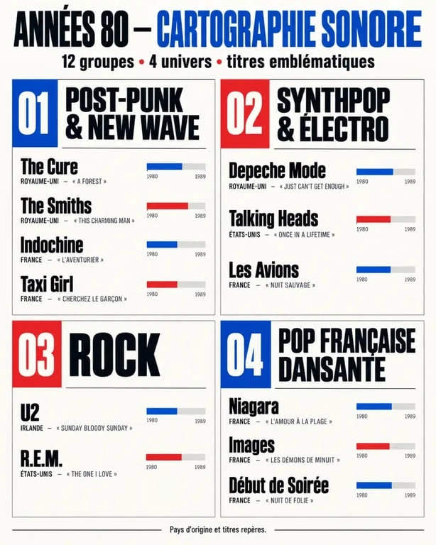 Infographie des groupes de musique année 80 classés par pays et styles musicaux