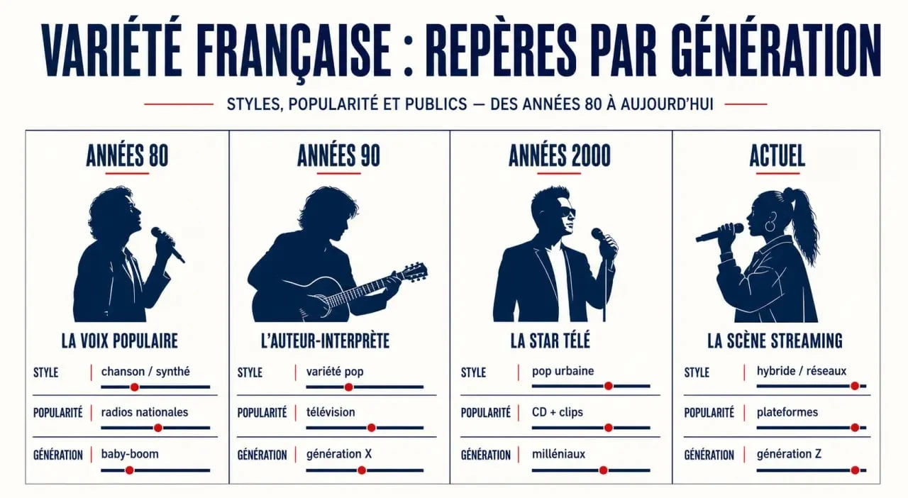 Chanteur variété française : tableau comparatif des grands artistes par époque, style et popularité