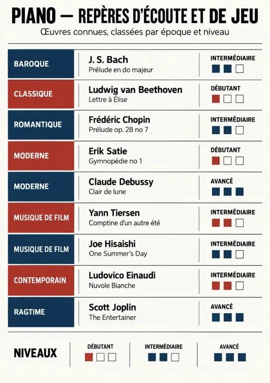 Infographie des musiques de piano connues classées par époque, style et niveau