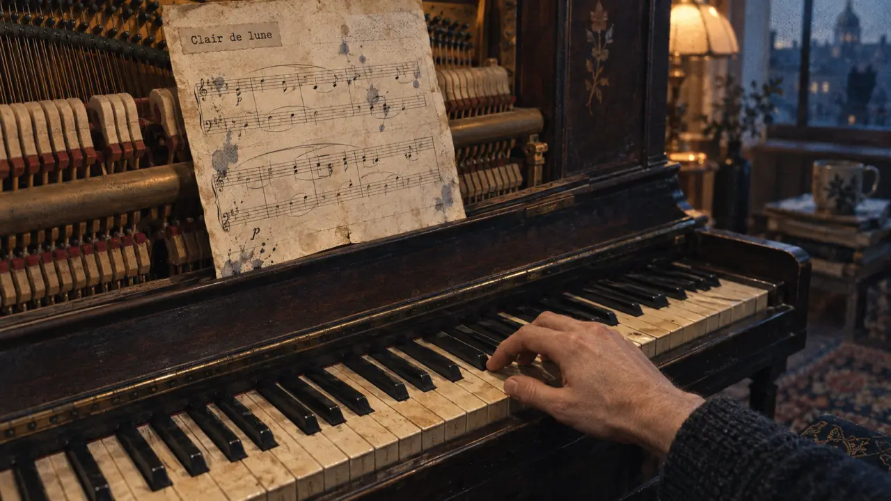 Musiques piano connues : Clair de lune au piano, touches et cordes visibles