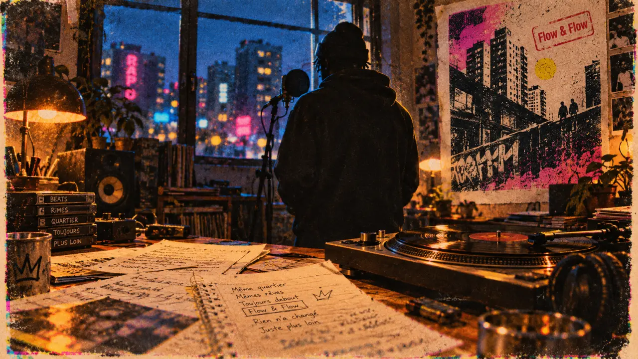 Artiste hip hop en studio, MC devant micro et platine vinyle