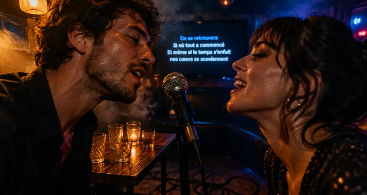 Duo chanson en karaoké, deux chanteurs près du micro