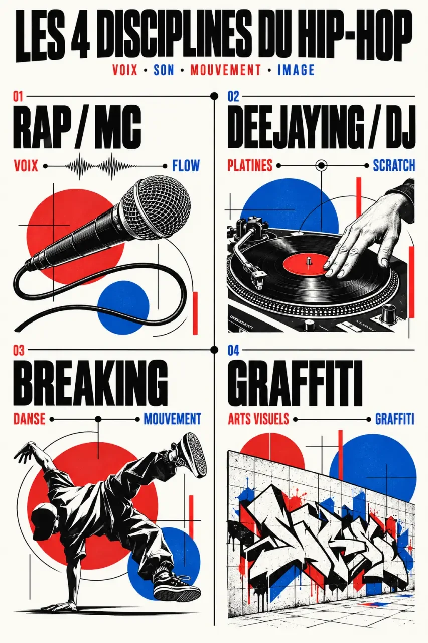 Infographie sur les quatre disciplines d’un artiste hip-hop : rap, DJ, breaking et graffiti